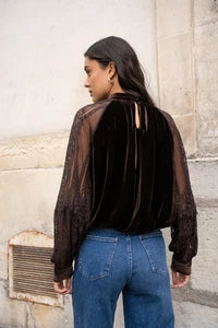 Camisa terciopelo con bordado en Manga marrón