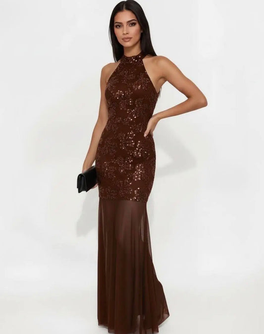 Vestido Dúo de fiesta con lentejuelas marrón